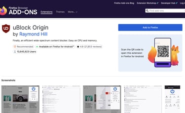 Screenshot of the Firefox Add-ons store page for the uBlock Origin content blocker extension.