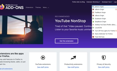 Firefox Browser Add-ons store homepage showcasing YouTube NonStop extension and various browser tools.