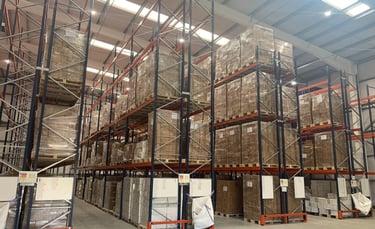 tall pallet racking in narrow aisle configuration with rack end protectors  