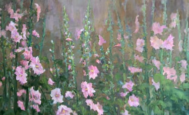 oil painting with pink upright growing flowers
