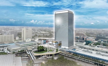 南海電鉄による泉ケ丘駅前活性化計画の完成イメージ。駅前商業施設と広場、地上30階建て分譲タワーマンションの配置を示す俯瞰図|堺市のニュースならサカイタイムズ