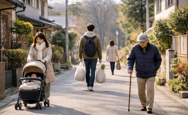堺市の物価高騰対策をイメージした風景（ベビーカーの親子、買い物袋を持つ若者、歩く高齢者）｜堺市のニュースならサカイタイムズ