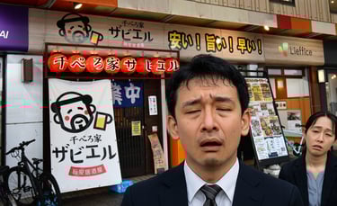 居酒屋「千べろ家ザビエル」の店舗前で疲れた表情の会社員が立つ様子を写した写真｜堺市のニュースならサカイタイムズ