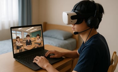 VRゴーグルとヘッドセットを着けた人がノートパソコンでメタバース上の教室画面を見ているイメージ画像｜堺市のニュースならサカイタイムズ
