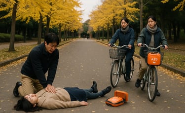 公園の遊歩道で倒れた人に胸骨圧迫を行う人物と、自転車でAEDを運ぶ人物らを写した救命活動のイメージ画像｜堺市のニュースならサカイタイムズ
