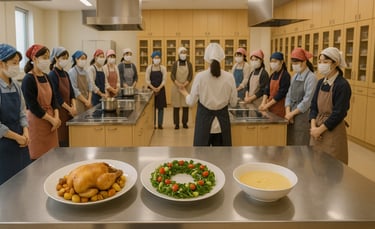 調理室で講師と参加者が向かい合い、手前に鶏のポットロースト・リース風サラダ・コーンスープが並ぶ様子のイメージ画像｜堺市のイベント情報ならサカイタイムズ