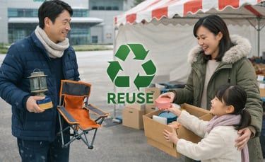 リユース品提供イベントで家族が食器やアウトドア用品を手に取っているイメージ画像｜堺市のイベント情報ならサカイタイムズ