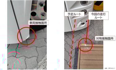自動運転バス接触事故の損傷状況｜左：車体前方左側下部の傷、右：仮設プラットホームの接触跡｜堺市のニュースならサカイタイムズ