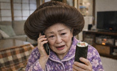 恵方巻きを持ち特殊詐欺の電話を受けている高齢者のイメージ画像｜堺市のニュースならサカイタイムズ