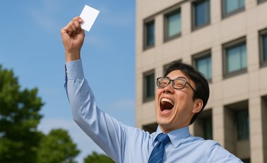 名刺を手に掲げて笑顔を見せる男性職員のイメージ画像｜堺市のニュースならサカイタイムズ