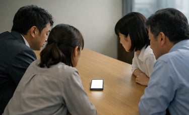 会議室で4人の大人がテーブル上のスマートフォンを囲み、画面を見つめながら協議しているイメージ画像｜堺市のニュースならサカイタイムズ