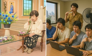 特殊詐欺を受ける高齢女性とコールセンターで詐欺電話をかける男たちのイメージ画像｜堺市のニュースならサカイタイムズ