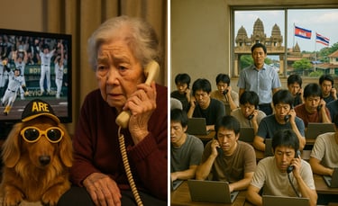 高齢者が自宅で電話を受ける様子と、海外拠点で電話をかける集団の場面を対比した特殊詐欺の実態を示すイメージ画像｜堺市のニュースならサカイタイムズ
