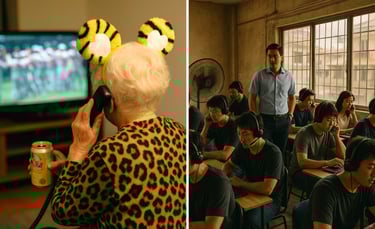 高齢女性が電話を受ける様子と、複数の人物がヘッドセットで電話をかける部屋の場面。特殊詐欺のイメージ画像|堺市のニュースならサカイタイムズ