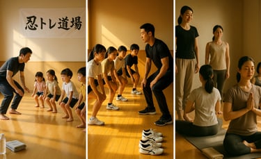 子どもたちが講師の指導で体を動かす「忍トレ道場」、小学生がトレーニングに励む「スポーツ塾~NOBI~」、大人が姿勢を整える体操を行う「姿勢美体操」のイメージ画像|堺市のニュースならサカイタイムズ