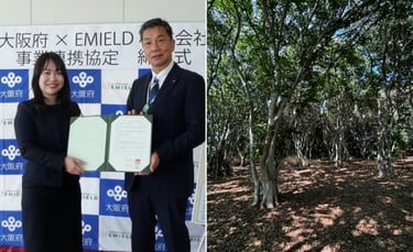 大阪府とEMIELD株式会社の事業連携協定締結式で協定書を手にするEMIELD株式会社代表取締役の森優希氏と大阪府環境農林水産部長の原田行司氏と、堺臨海部の産業廃棄物埋立処分場「堺第7-3区」に整備されている共生の森|堺市のニュースならサカイタイムズ