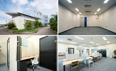 S-Cube外観とオフィスや創業準備デスクの画像｜堺市のニュースならサカイタイムズ