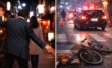 夜間の路上で女性にハグをしようとする男と交通事故現場のイメージ画像｜堺市のニュースならサカイタイムズ