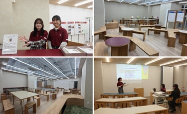 泉ケ丘駅コモンズのエントランス、まちに開く空間、共創する空間、学びの空間の内観をまとめた施設写真｜堺市のニュースならサカイタイムズ