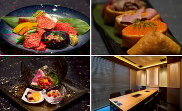 焼肉 銀翠苑のコース料理と全席完全個室の店内イメージ。和牛特選部位の盛り合わせや逆さいなり「SAKAI NO INARI」、前菜、無煙ロースター付きの個室空間を写した写真｜堺市のグルメ情報ならサカイタイムズ