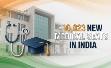 News thumbnail showing medical college, stethoscope, and Indian 10,023 new medical seats india