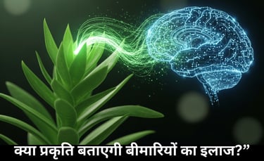 पौधों और मानव मस्तिष्क के बीच संचार दिखाता प्रतीकात्मक वैज्ञानिक चित्र