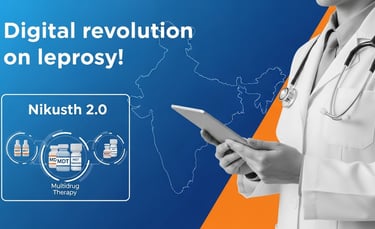 कुष्ठ रोग उन्मूलन में Nikusth 2.0 डिजिटल प्लेटफ़ॉर्म का उपयोग करते डॉक्टर और MDT दवाओं के आइकन