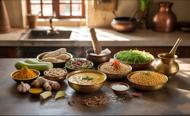 Indian kitchen with dal, millets, vegetables, nuts, and seeds arranged in warm natural light.