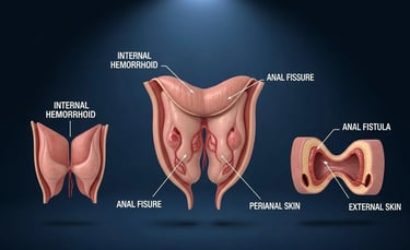 medical illustration of anal diseases: hemorrhoids, fissure, fistula shown with clean 3D anatomical.
