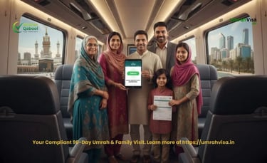 Absher Qabool compliant route: Indian family on train between Makkah and Riyadh/Dammam, showing digital 90-day visa approval.