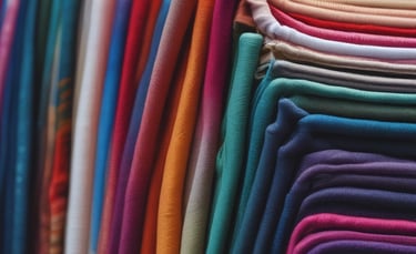 A close-up of colorful fabric prints displayed on a table.