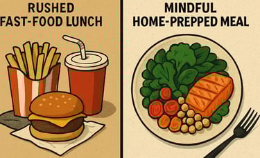 Nutritious food choices shown via fast food and home-cooked meal comparison for health awareness.