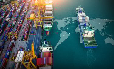 Cargo at Port with Barge Floating on Map of World