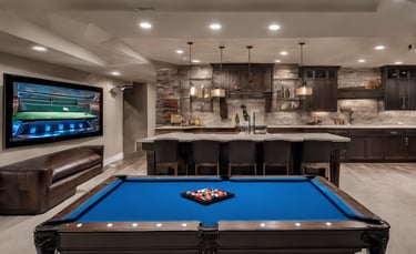 open concept basement kitchen game room entertainment room