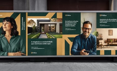 a billboard board with a man and woman in front of a building