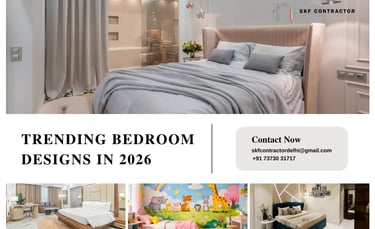 Modern luxury bedroom interior design trends for 2026 showcasing elegant furniture and decor by SKF Contractor.