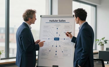 A professional strategy session in a minimalist Northern European office with large windows. A strategist and a client are looking at a clean sales roadmap. Natural lighting, palette of dark blue and off-white tones.