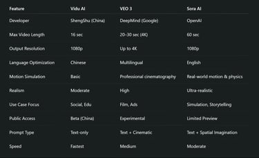 Comparative Table: Vidu AI vs VEO 3 vs Sora AI