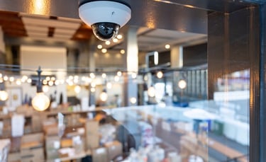 Ceiling-mounted dome surveillance camera overlooking restaurant