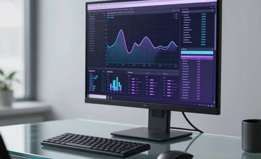 A high-end, minimal office space in North American / International style with a sleek glass desk and a high-resolution monitor displaying abstract analytical data. The lighting is cool with soft violet reflections, creating a professional and performance-oriented tech atmosphere.