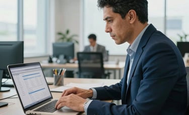 A focused professional in a modern office in América Latina working on a laptop with a clean data management interface. The room is bright with natural light, featuring a palette of dark blue and pale blue accents, conveying reliability.