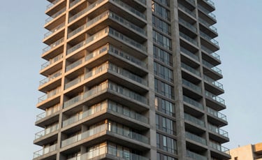 A high-end, modern apartment building exterior in a South American / Brazilian city, shot during golden hour with warm lighting reflecting off glass balconies, representing architectural excellence and reliability.
