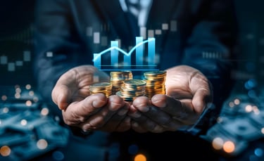 person holding gold in his hand with investing chart above symbolizing gold in markets and industry