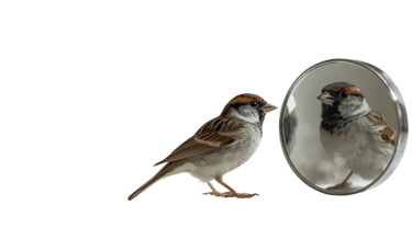 Sparrow staring in a mirror, a reflection of branding image