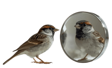 Sparrow looking in the mirror, symbol of brand reflection