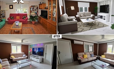 Living room before and after villa renovation in La Marina, transformed from a traditional dark wood