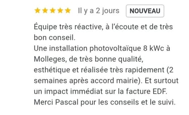 Avis Google 5 étoiles après une installation photovoltaïque de 8 kWc avec batterie réalisée à Mollégès