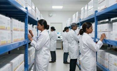 A wide-angle photography shot of a modern and clean pharmaceutical storage facility in Kolkata, India. South Asian / Indian professional staff in white coats are inspecting stacked boxes on high-quality shelving. The lighting is bright soft white and royal blue, creating a sterile and trustworthy atmosphere.