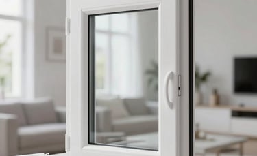 Professional photography of high-quality white PVC window frames installed in a bright, modern living room in Bulgaria. Minimalist interior design, soft daylight coming through the glass, clean white and light gray tones, sharp architectural focus.