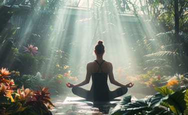 a woman sitting in a lotus position in a garden practicing spiritual wellness